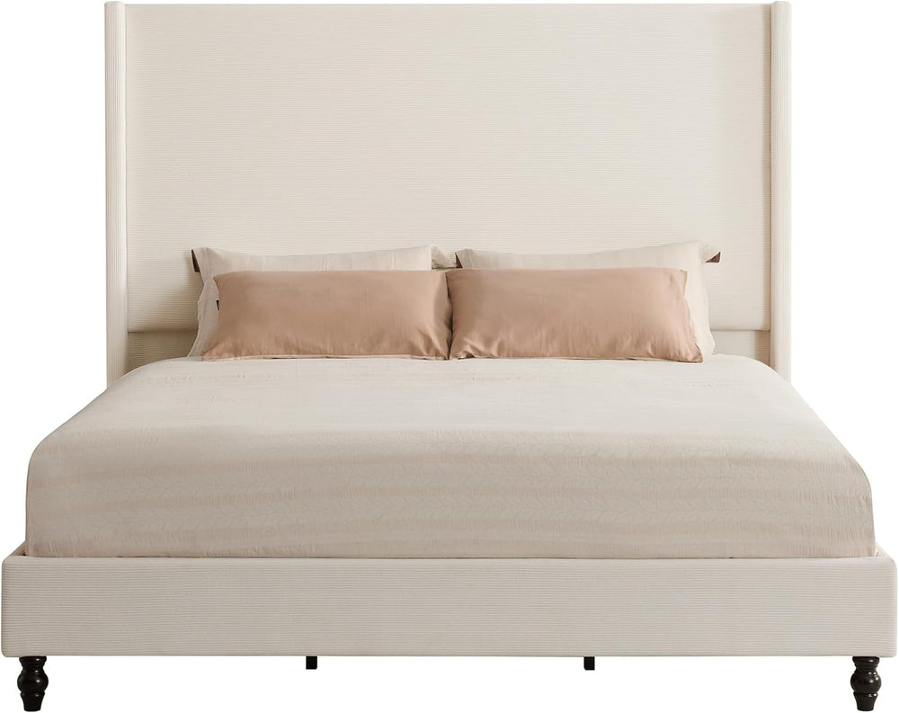 LUXOAK King Upholstered Bed Frame with 65" Headboard & Wingback, Cream
