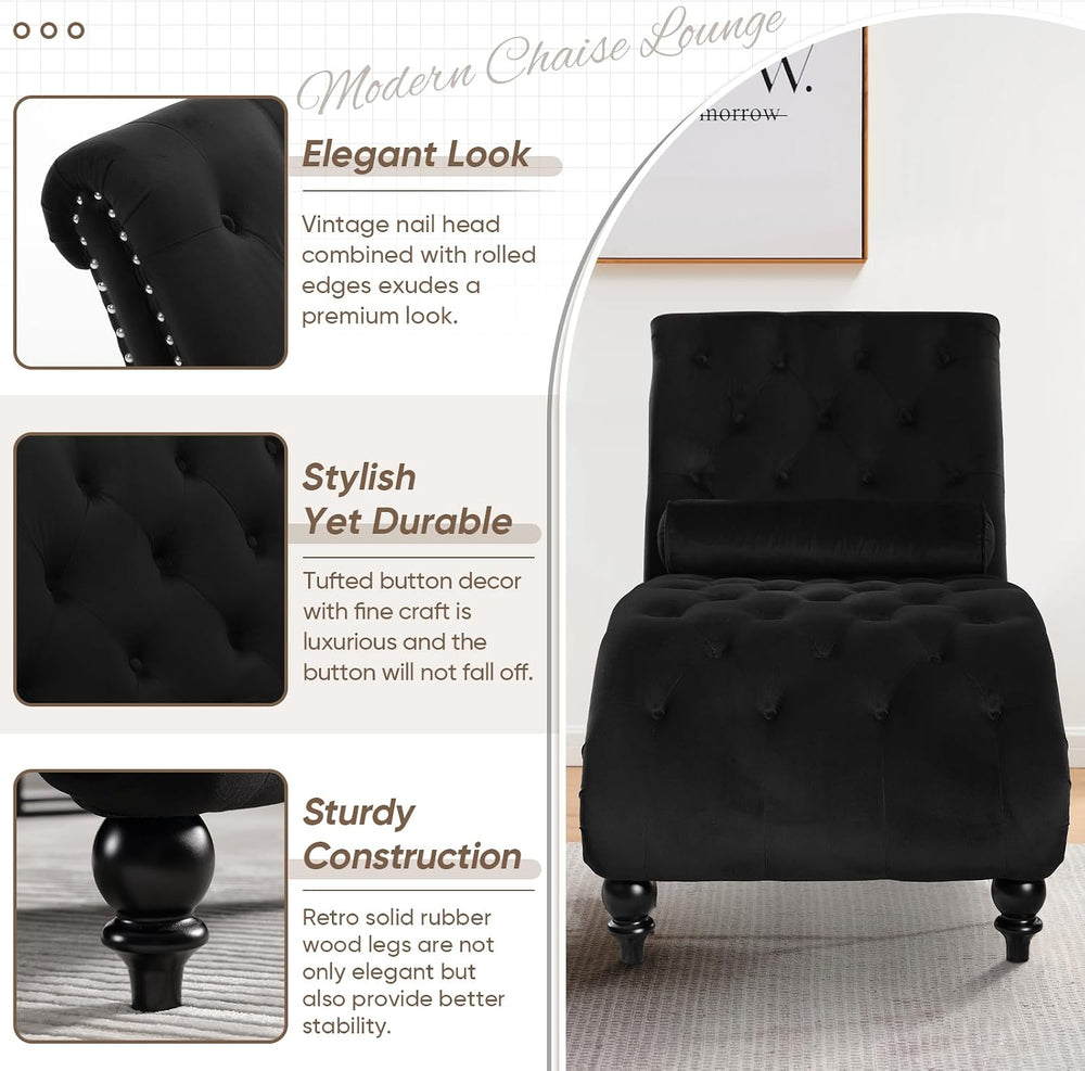Black Velvet Chaise Lounge Indoor with Toss Pillow, Modern Pink Chaise Lounge...