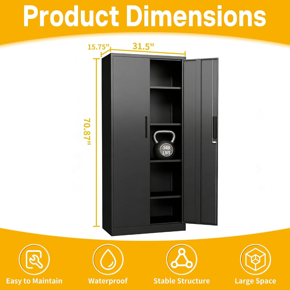 Metal Storage Cabinet with 2 Doors and 4 Adjustable Shelves, 71" Garage ...