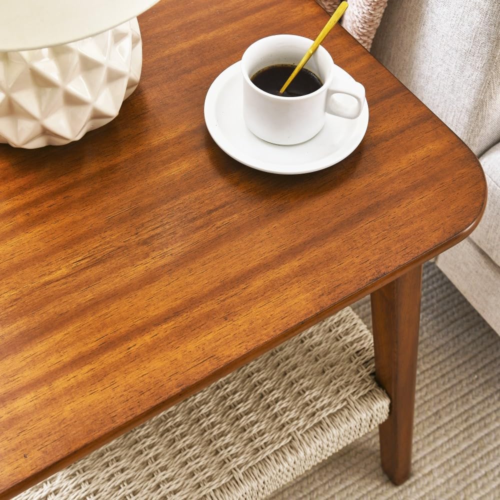 23" Mid-Century Side Table with Woven Shelf and Storage, for Living Room...
