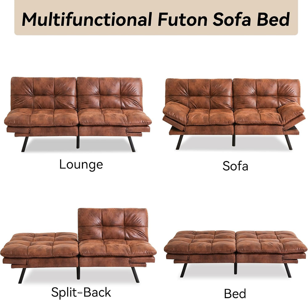 71" Convertible Futon Sofa Bed,Brown Faux Leather Futon Couch,Memory Foa...