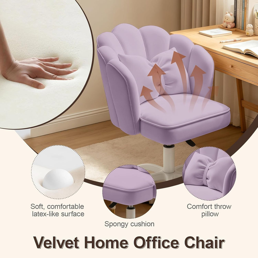 Petal Desk Chair with Bow Cushion Velvet Vanity Chair with Wheels, Upholstere...