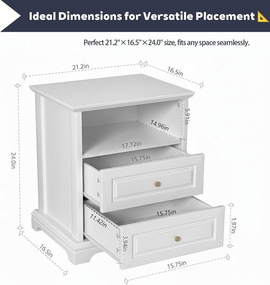 2-Pack White Nightstand with 2 Drawers & Open Shelf, 21.2"x16.5"x24.0" Bedside Table with Gold Knobs, Modern End Table for Bedroom Living Room