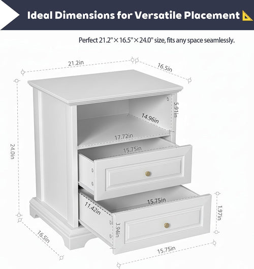 2-Pack White Nightstand with 2 Drawers & Open Shelf, 21.2"x16.5"x24.0" Bedside Table with Gold Knobs, Modern End Table for Bedroom Living Room
