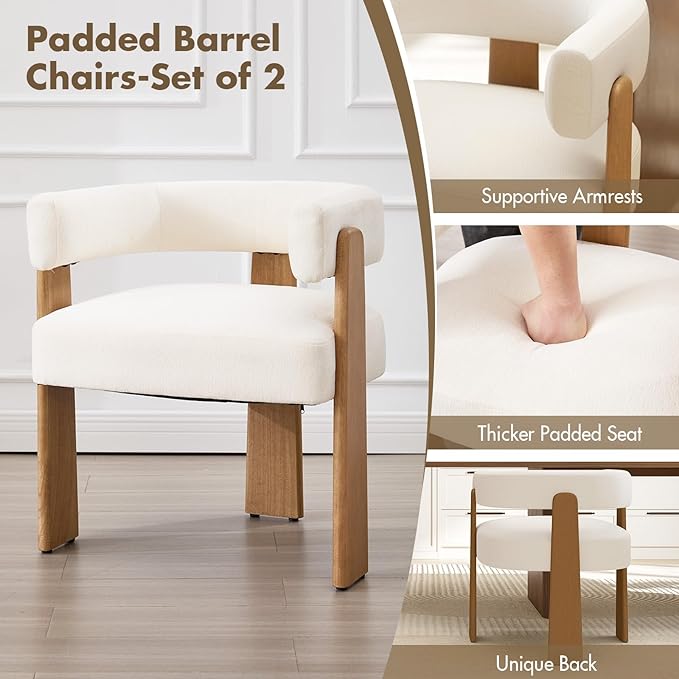 Set of 2 Modern Boho Barrel Dining Chairs with Wood Legs, White Upholstered Accent Armchairs with Thick Padded Cushion for Kitchen, Minimalist Natural Chic Chairs for Living Room
