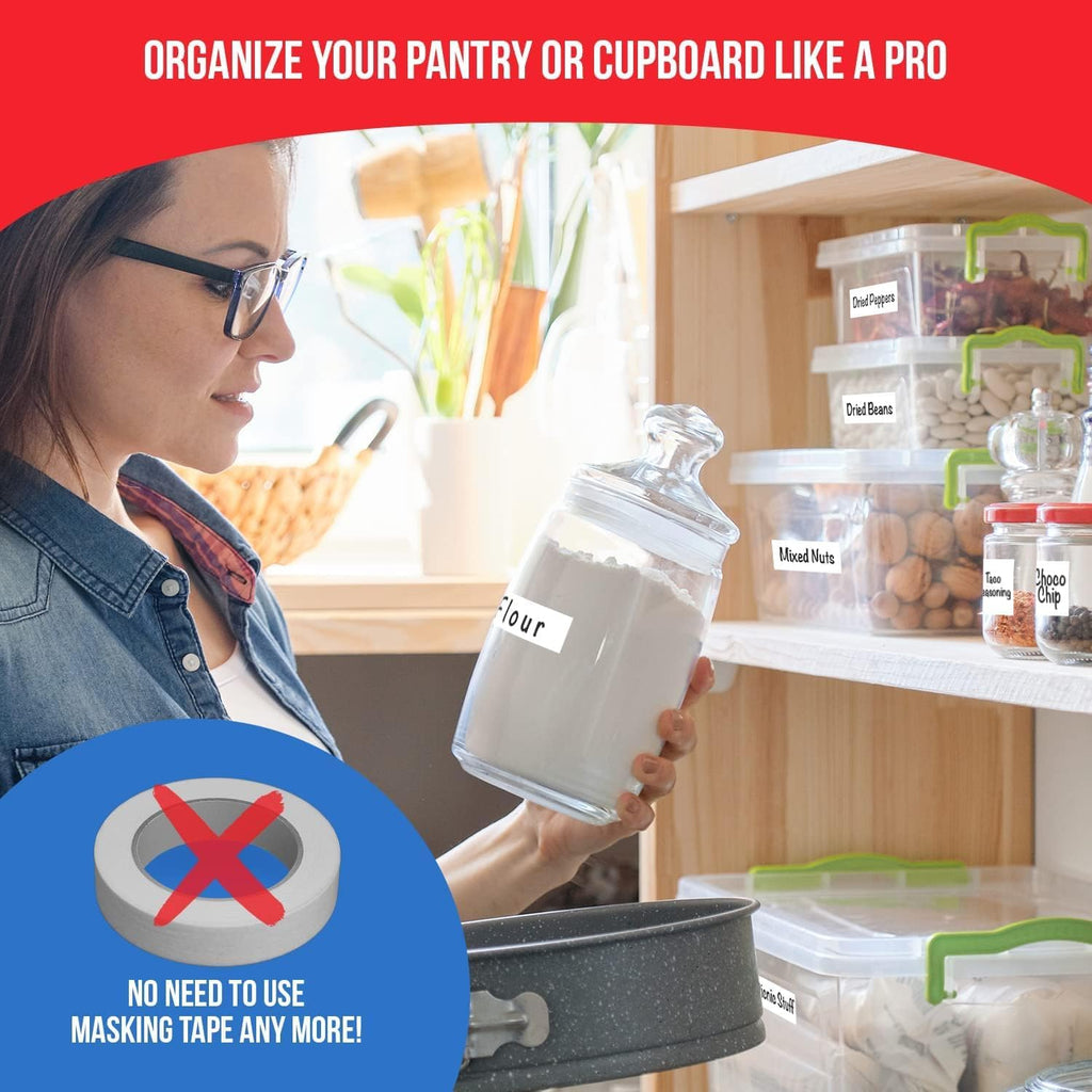 MESS Removable Food Labels for Containers (96-Pack) 1x3" & 1.5" Erasable Kitchen Labels for Organizing, Freezer & Fridge, White Dry Erase Labels for Jars