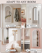Jewelry Cabinet Organizer with Mirror, 47 inch Lockable Full-Length Mirror Jewelry Armoire Hanging Door/Wall Mounted with 6 LEDS, Arched Framed Mirror Cabinet with Storage, Gift for Women, White