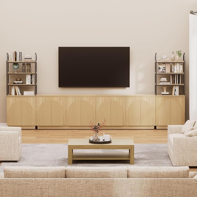 Yechen 165" Modular Entertainment Center with Bookshelves for up to 98", Mid Century Modern TV Stand with Storage, TV Cabinet with Adjustable Shelves, Living Room, Natutral Oak(4 PCS)