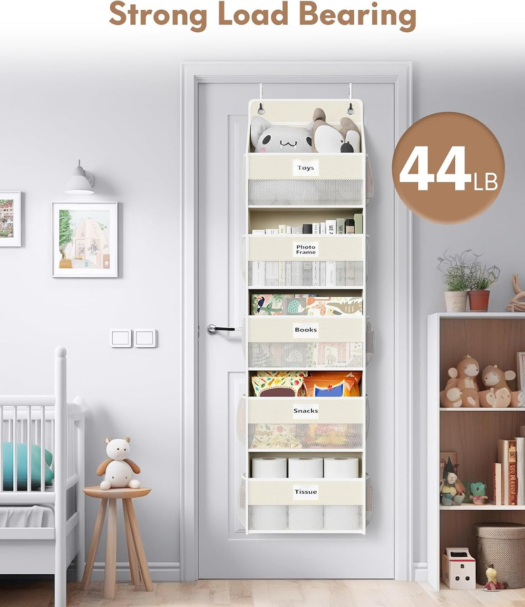 Over The Door Organizer Hanging, 2 Pack 5 Shelf Behind The Doors Storage, Pantry Door Organizer, Closet Organizers for Bedroom and Nursery (Beige)
