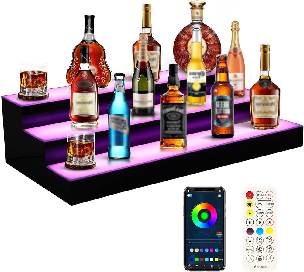 Dollate 3 Tier 24 Inch LED Lighted Liquor Bottle Display, LED Tabletop Wine S...