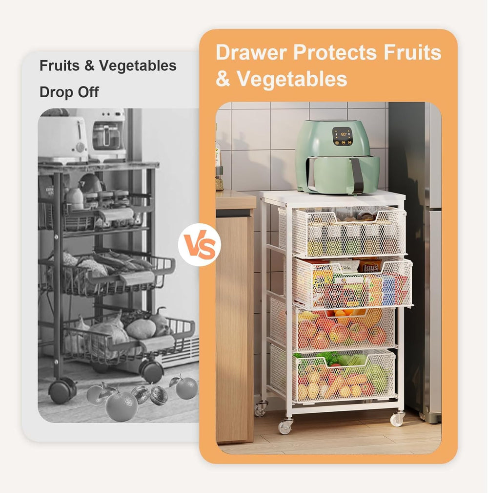 4-Tier Kitchen Storage Cart - Fruit Vegetable Storage Cart with Drawers, Wood...