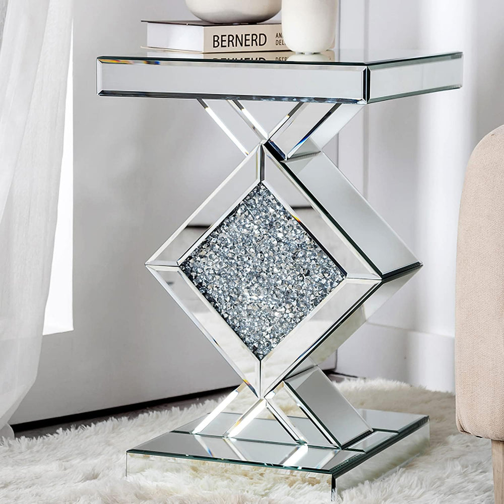 SHYFOY Glass End Tables Living Room, Glam Square Mirrored Side Table with Cru...