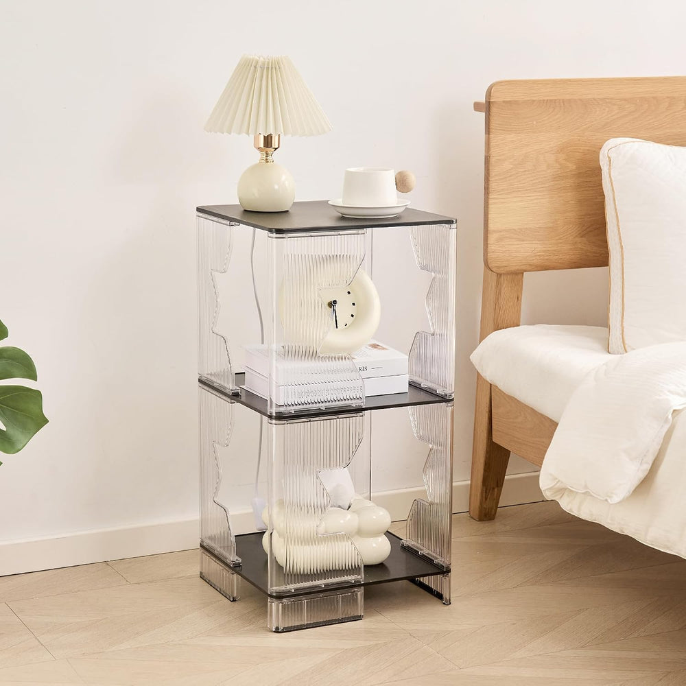 UMAIL End Table Set of 2, 3-Tier Nightstand with Clear Fluted Stripe Design, ...