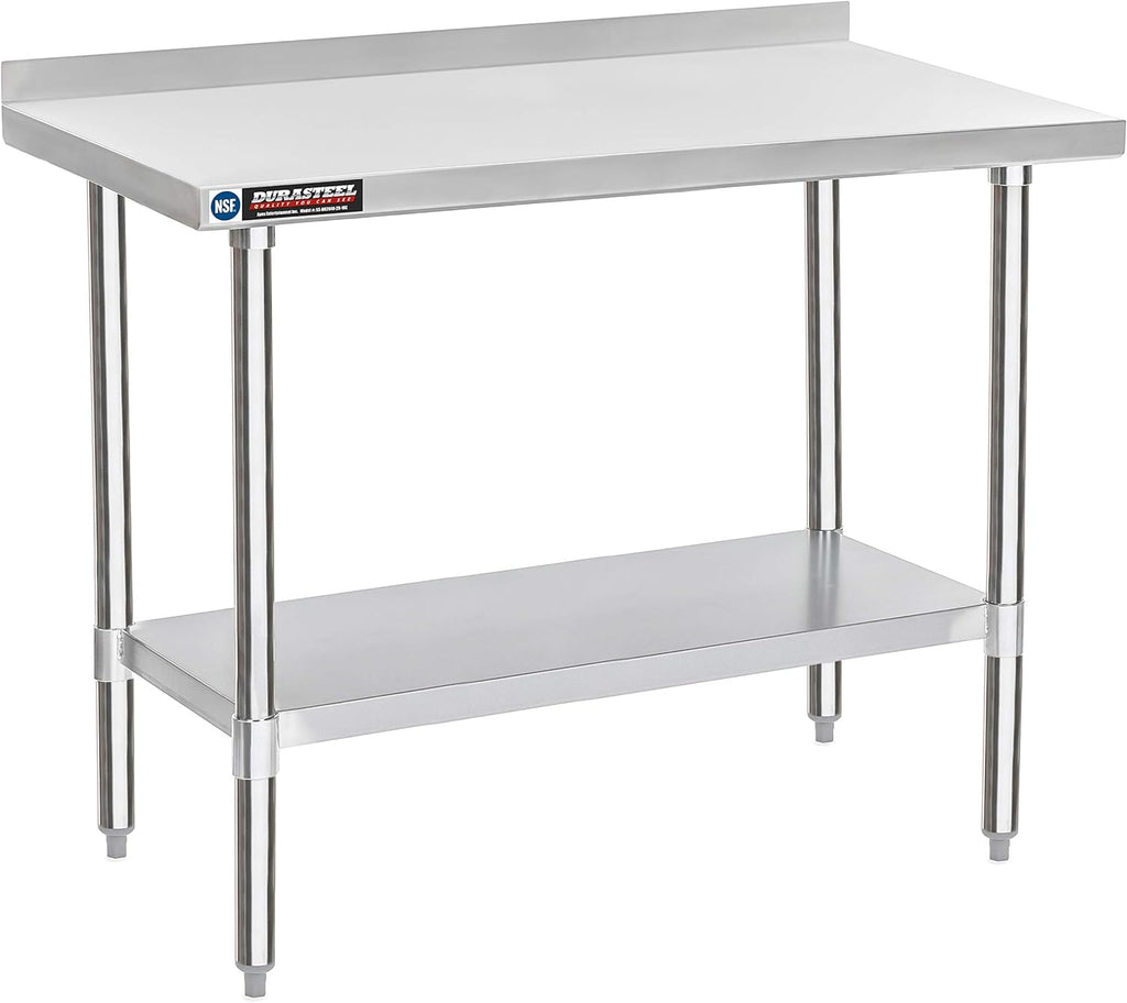 DuraSteel NSF Commercial Kitchen Table - 24 x 48 Inch Cooking Prep Stainless Steel Kitchen Island Workstation w/ Adjustable Under Shelf - Heavy Metal Backsplash Workbench For Restaurant, Home, Garage