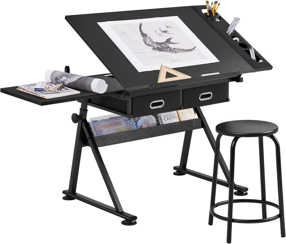 Yaheetech Adjustable Drafting Table Art Desk,Storage Drawers & Stool,Black