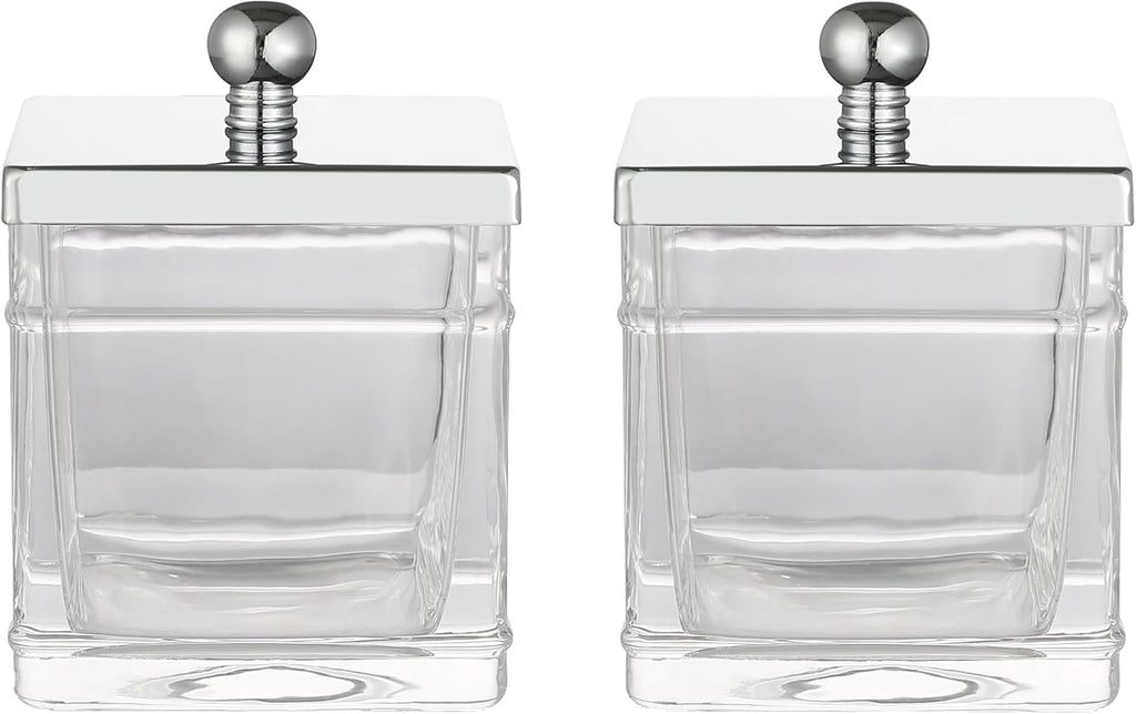 Glass Cotton Jar Holder 2 Pack– Silver/Chrome Lid, Elegant Bathroom Storage Canister for Qtips, Cotton Balls, Floss, Makeup Organizer, Vanity & Bathroom Organization