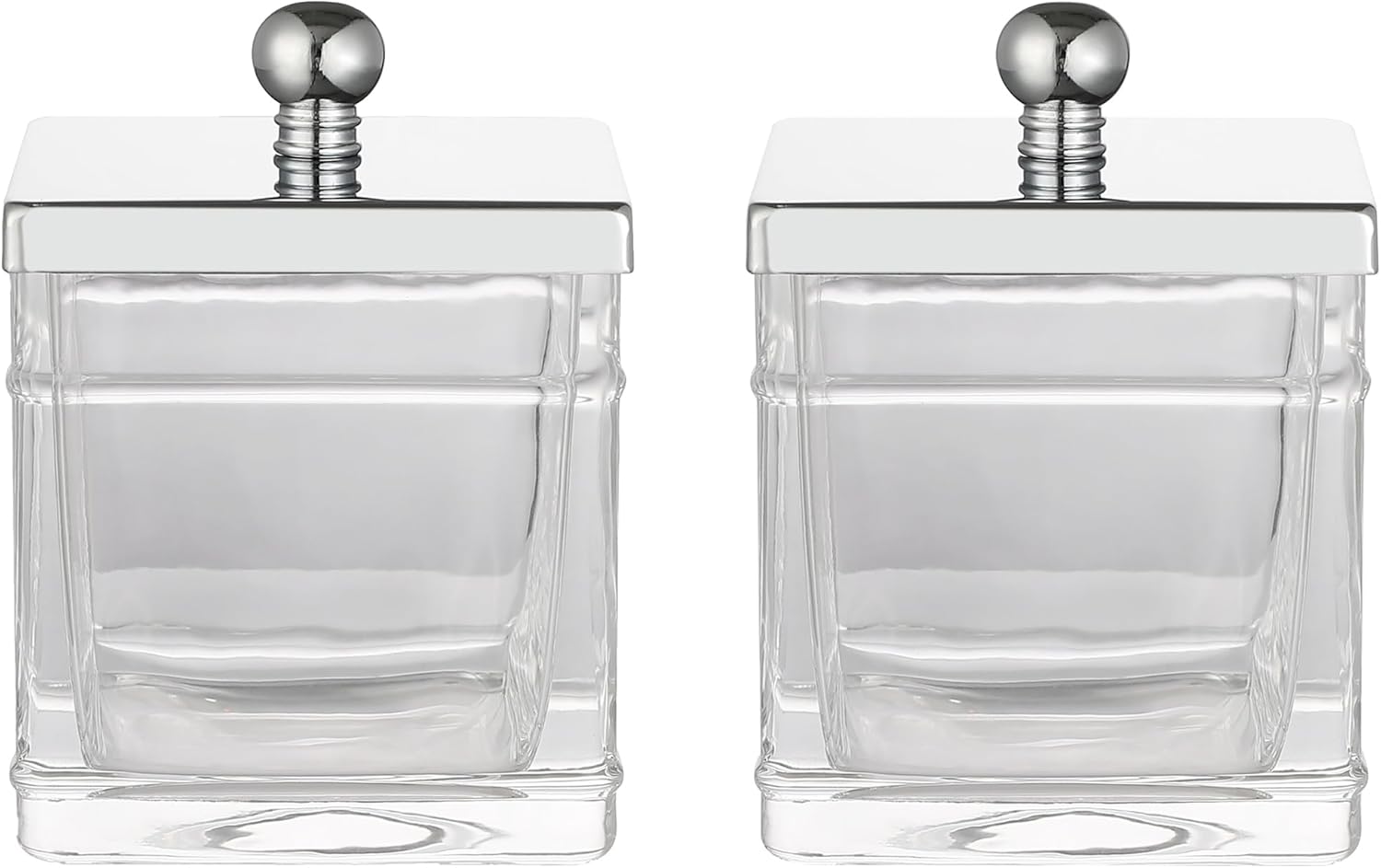 Glass Cotton Jar Holder 2 Pack– Silver/Chrome Lid, Elegant Bathroom Storage Canister for Qtips, Cotton Balls, Floss, Makeup Organizer, Vanity & Bathroom Organization