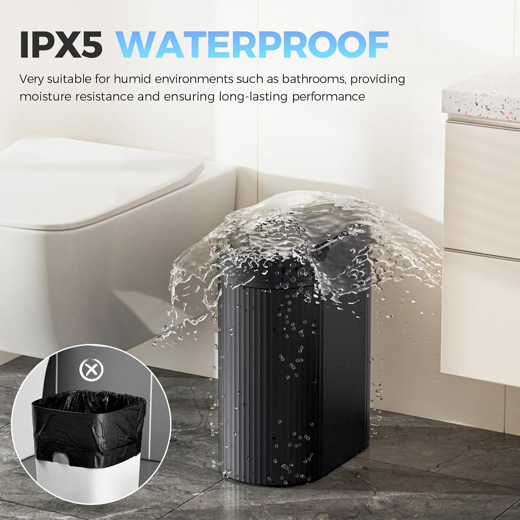 jinligogo 5 Gallon Bathroom Trash Can with Lid, Automatic Motion Sensor Black Trash Can, Touchless Slim Waterproof Garbage Bin for Kitchen, Bedroom, Office, and Bathroom