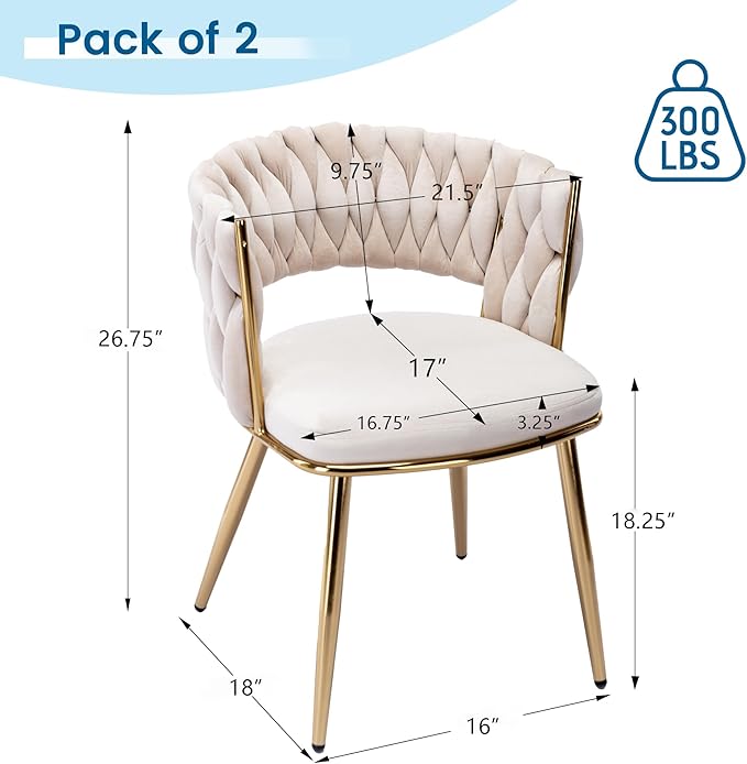 KCC Modern Velvet Dining Chairs Set of 2, Upholstered Living Room Chair with Woven Back and Golden Metal Legs, Mid-Century Accent Side Chair for Living Dining Room, Kitchen, Beige