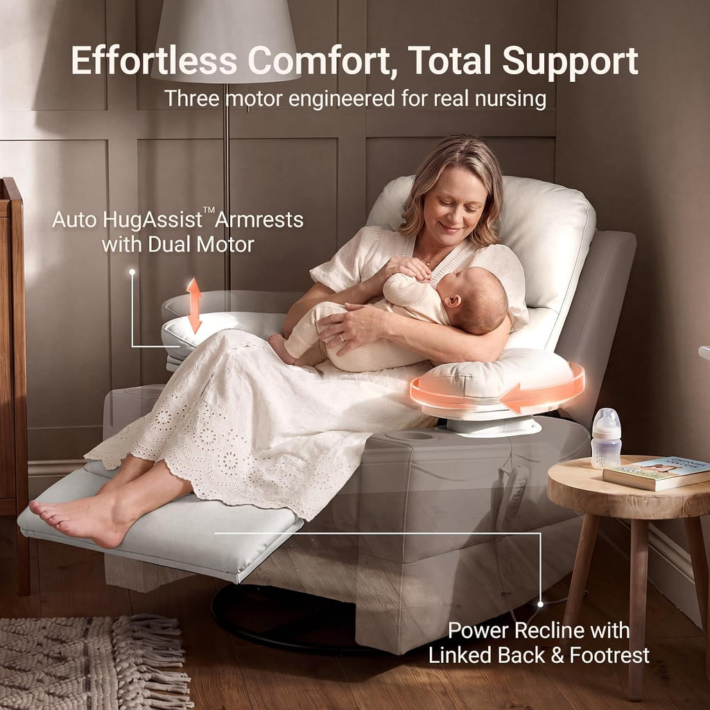 MAMAZING Lullapod Power Nursery Recliner Rocking Chair, Triple Motor Power Recliner with HugAssist Armrest, 270° Swivel Glider and Quiet Rocking Chair Nursery with Dual Charging Port and Storage