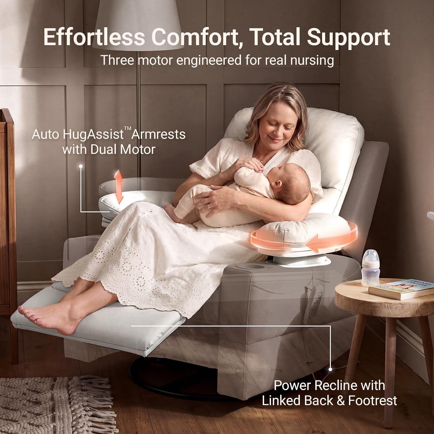 MAMAZING Lullapod Power Nursery Recliner Rocking Chair, Triple Motor Power Recliner with HugAssist Armrest, 270° Swivel Glider and Quiet Rocking Chair Nursery with Dual Charging Port and Storage