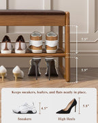 Shoe Rack Bench Seat Rubberwood 2-Tier Wooden Storage Bench 550lbs Compact Mid-Century Modern Design for Entryway, Hallway, Closet, Front Door Entrance, Foyer