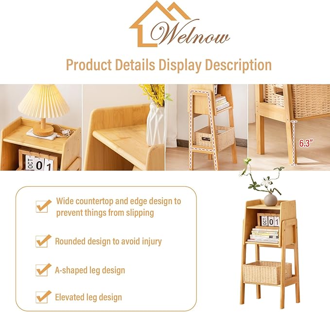 Welnow Bamboo Bookcase with Cabinet, Natural End Table with 1-Tier Storage Sh...