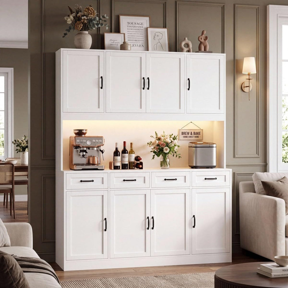 HITHOS 73" Tall Kitchen Pantry Storage Cabinet, Large Charging Hutch, Wh...
