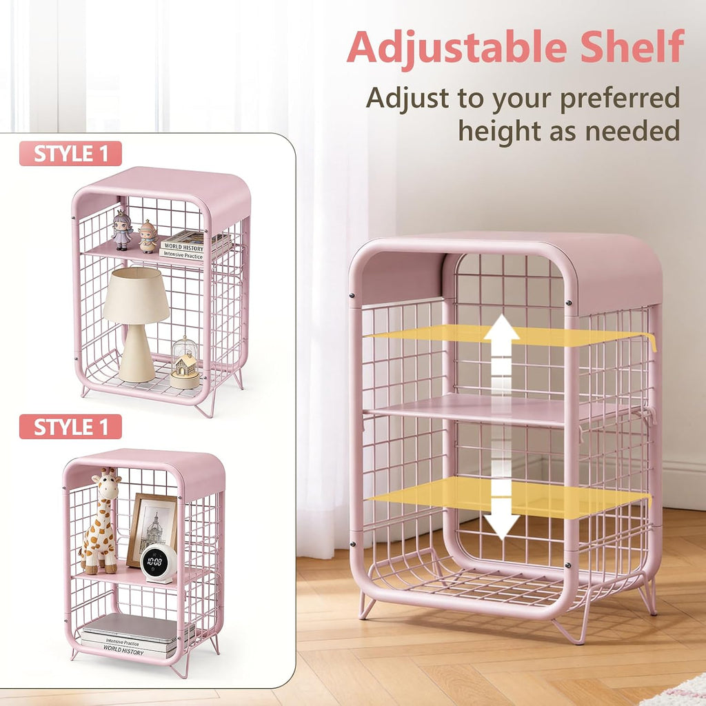 3-Tier Pink Metal End Table, Narrow Nightstand for Small Bedroom, Compact Side Table with Storage Shelves, Modern Bedside Organizer for Living Room, Pink Decor