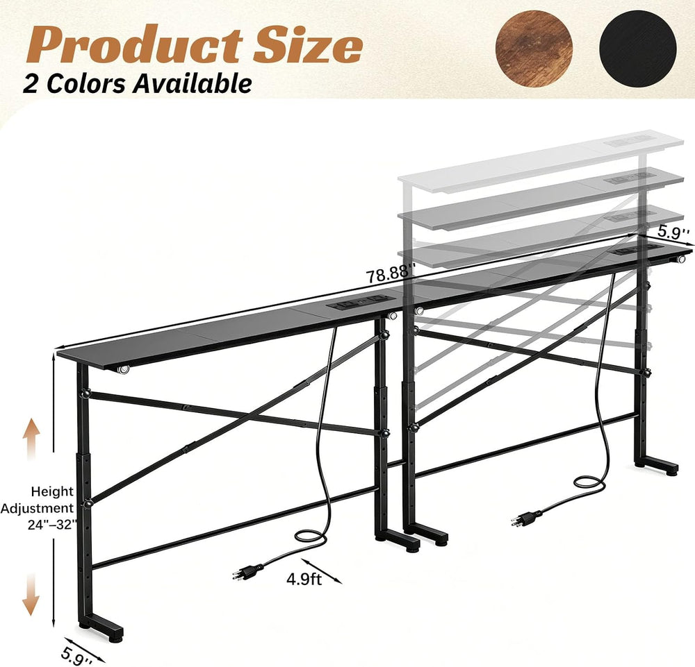 Adjustable Behind Couch Table with Outlets, Black