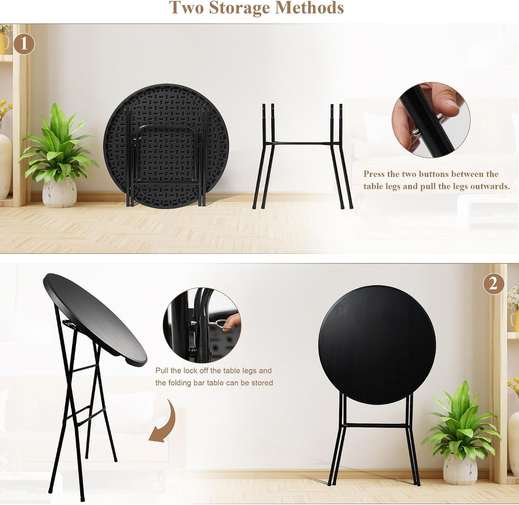 Cocktail Table, D32in x H43.3in Folding Round Cocktail Table High Top | Foldable, Removable Legs, Save Space, Easy Store, for Wedding, Party, Bar, Yard, Patio, Business Events (Black, Set of 1)