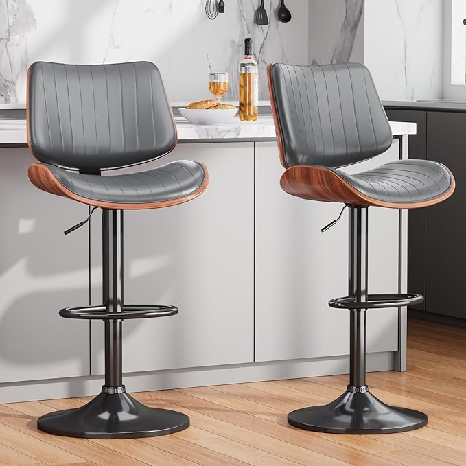 Swivel Bar Stools Set of 1, Adjustable Bentwood Barstools for Kitchen Counter, Modern PU Leather Upholstered Bar Chair with Back and Footrest, for Kitchen Island, Bar, Dining Room, Gray