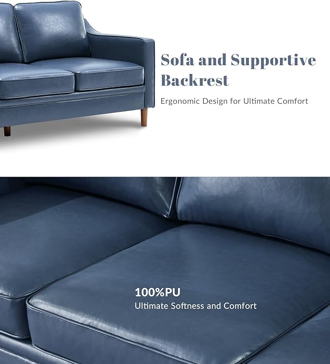 Kingfun Living Room Furniture Sets, 3 Seater Couch and Loveseat, Mid Century Modern Sofa Set, Faux Leather Couch with Solid Wood Frame for Living Room & Bedroom, Blue