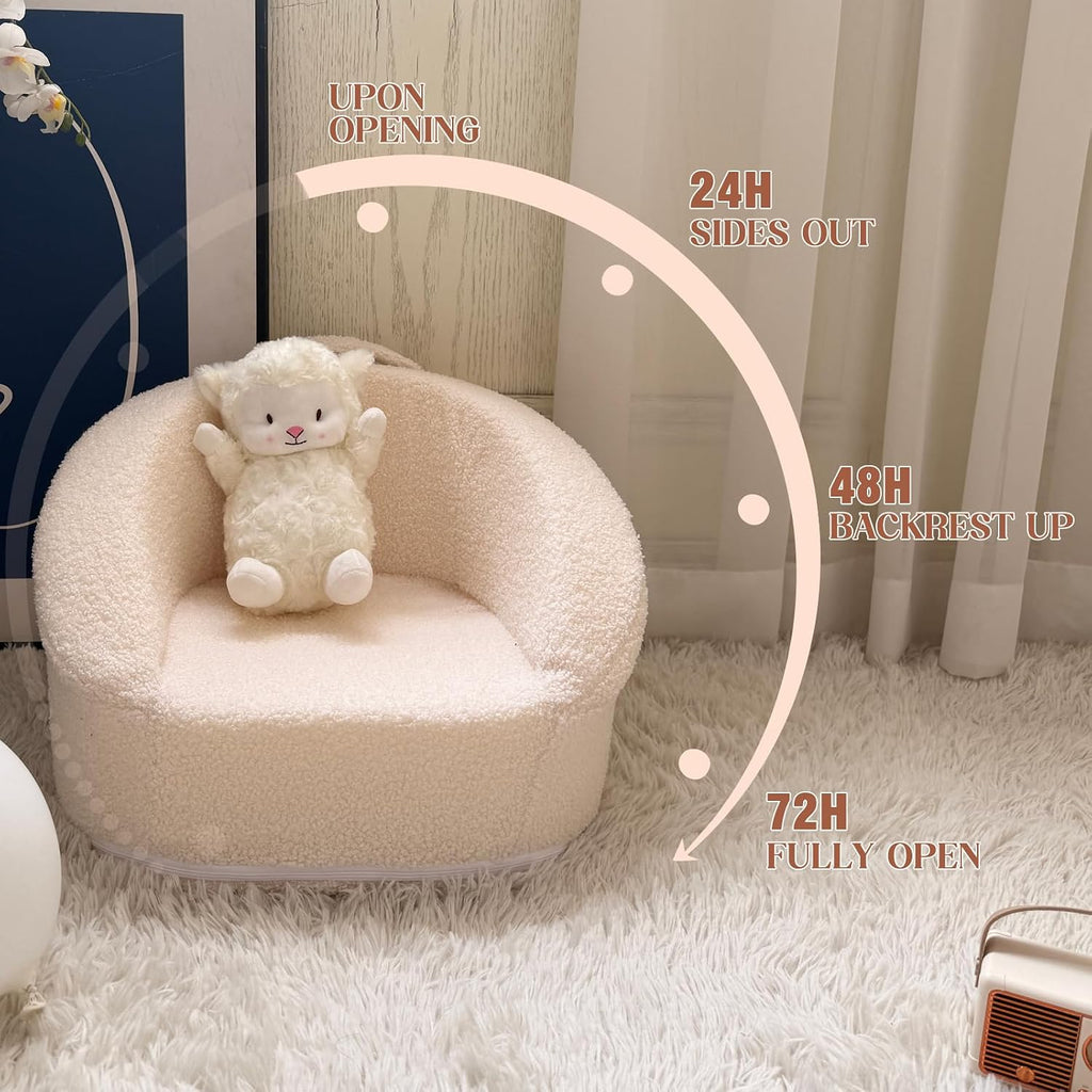 Mini Toddler Chair Comfy - 17.3'' Compact Kids Couch with Carry Handle, Soft Teddy Plush Toddle Chair, Washable Cover & Sturdy Design for Nursery & Playroom - White