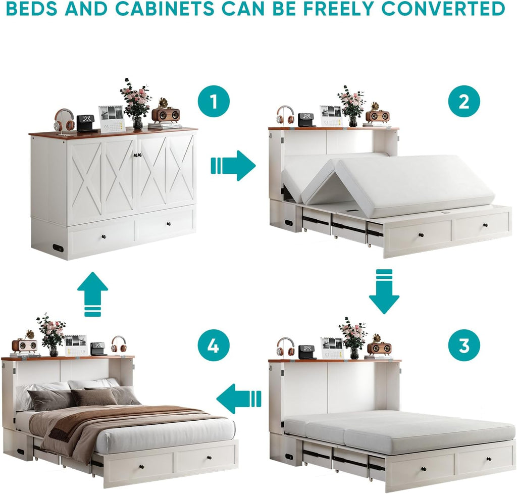 BALUS Full Size Murphy Bed, Murphy Cabinet Bed with USB Charging Station & Storage Drawers, Full Murphy Cabinet Beds for Living Rooom, Apartment, Home Office, Bedroom, No Mattress-White