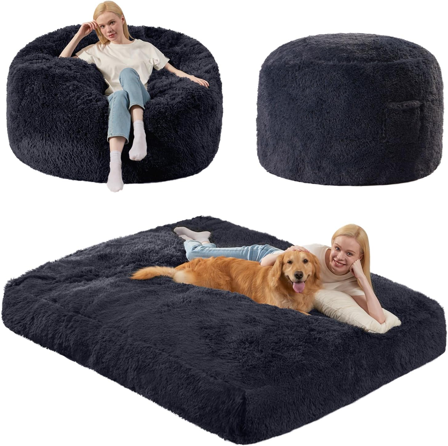 Bean Bag Chairs for Adults Teens Convertible Chair Mattress, Bean Bags Chair with Removable Plush Cover, Sleeper Chair that Turns into Mattress, Full, Dark Grey