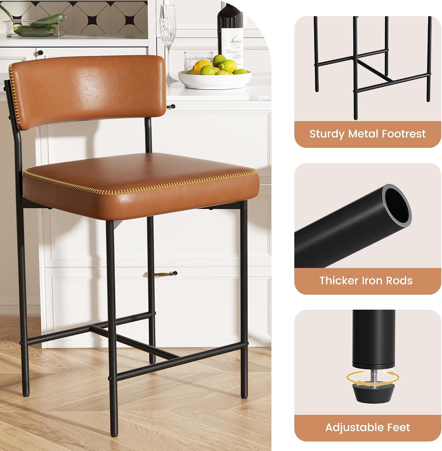 Bar Stools Set of 4, Faux Leather Counter Height Barstools with Curved Back, 25 Inch Upholstered Bar Chairs, Modern Counter Stools for Kitchen lsland, Caramel