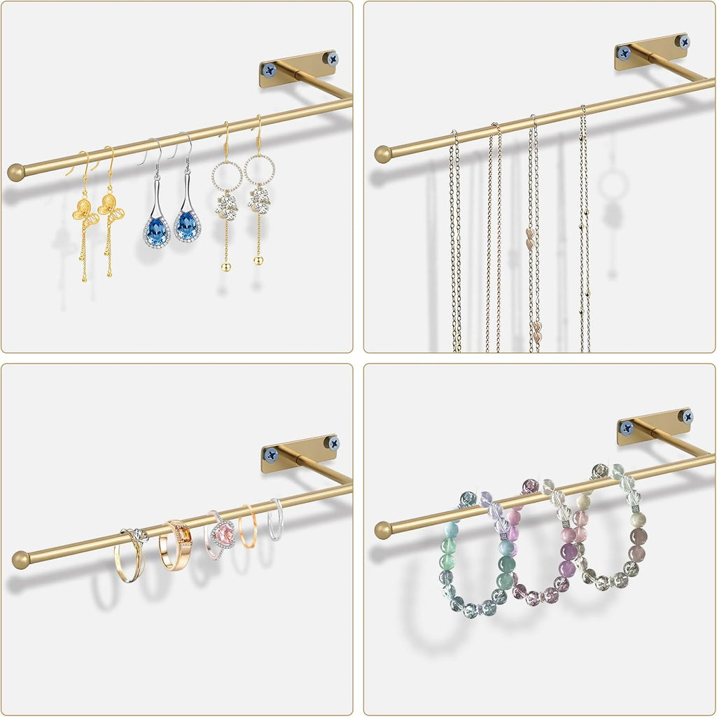2-Pack Wall Hanging Jewelry Organizer, 14.5" Necklace Holder, Gold | For earrings, rings, bracelets, hairbands, glasses, space saving wall display, screws included