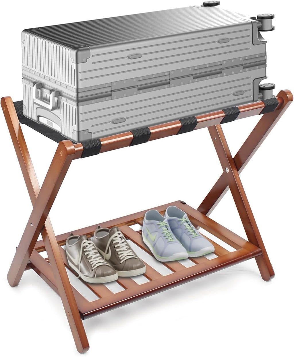 Smuxee Fully Assembled Walnut Luggage Rack, Upgraded Bamboo Foldable Suitcase Stand with 5 Nylon Straps, Luggage Holder with Shelf for Guest Room Bedroom Hotel