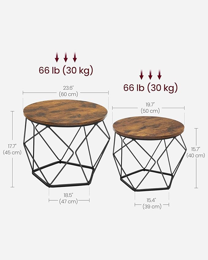 VASAGLE Small Coffee Table Set of 2, Round Coffee Table with Steel Frame, Sid...