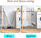 Pink Mop Broom Holder Wall Mount with 4 Slots & 4 Hooks - Wood Broom Mop Hanger for Pantry Closet Laundry Room Kitchen Organization - for Pink Kitchen Decor and Accessories