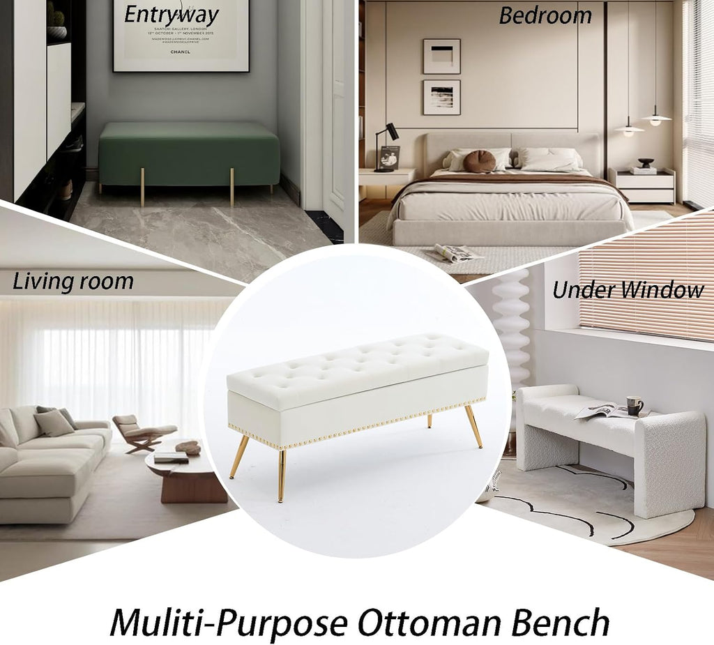 46" Ivory White Velvet Storage Bench with Gold Legs Nailhead Trim | Tufted Ottoman, End of Bed Bench, Upholstered, For Bedroom/Living Room/Window/Entryway/Dining Bench, Modern, Rectangle