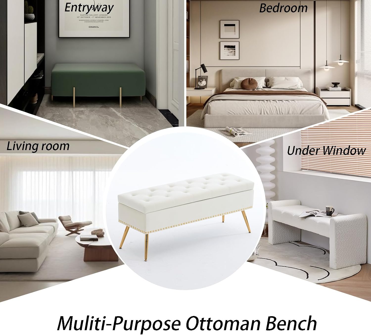 46" Ivory White Velvet Storage Bench with Gold Legs Nailhead Trim | Tufted Ottoman, End of Bed Bench, Upholstered, For Bedroom/Living Room/Window/Entryway/Dining Bench, Modern, Rectangle