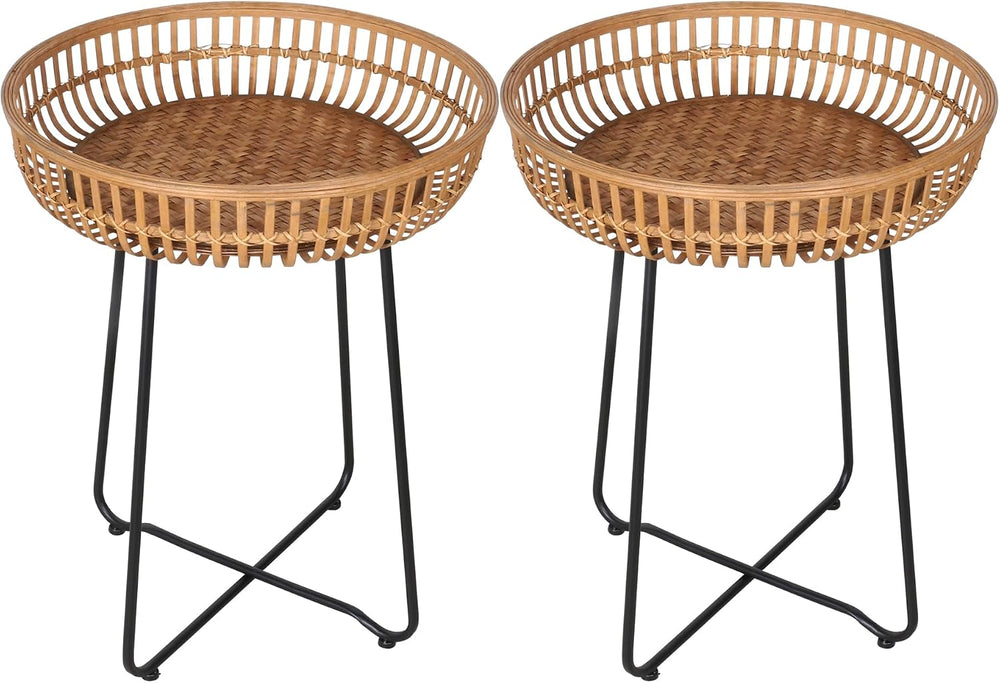 Oakrain Rattan End Table, Nesting Tables, Set of 2, Bamboo, Round, Metal Base...