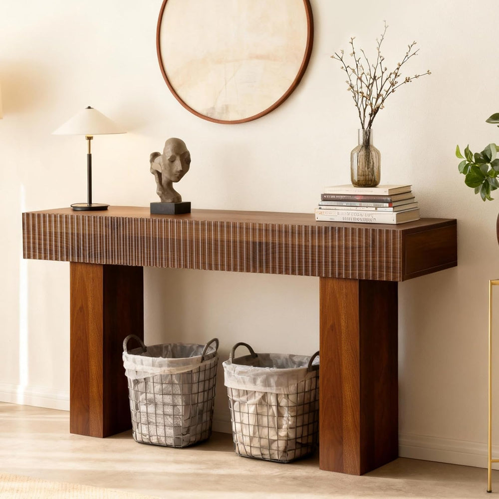 ZYBT 56" Fluted Console Table, Boho Vanity Desk Wooden Narrow Sofa Table...