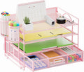 Marbrasse Desk Organizer and Accessories4-Tier Paper File Letter Tray Accessories & Workspace Desk Organizers with Drawer and 2 Pen Holders for School Home Office Supplies(Pink)