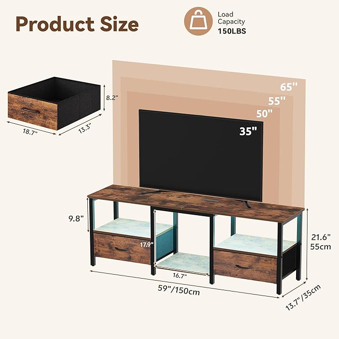 TV Stand for 65 Inch TV, LED Entertainment Center with Fabric Drawers and Power Outlets, Modern Industrial TV Media Console for Living Room, Bedroom Storage Cabinet - 59'' Rustic Brown