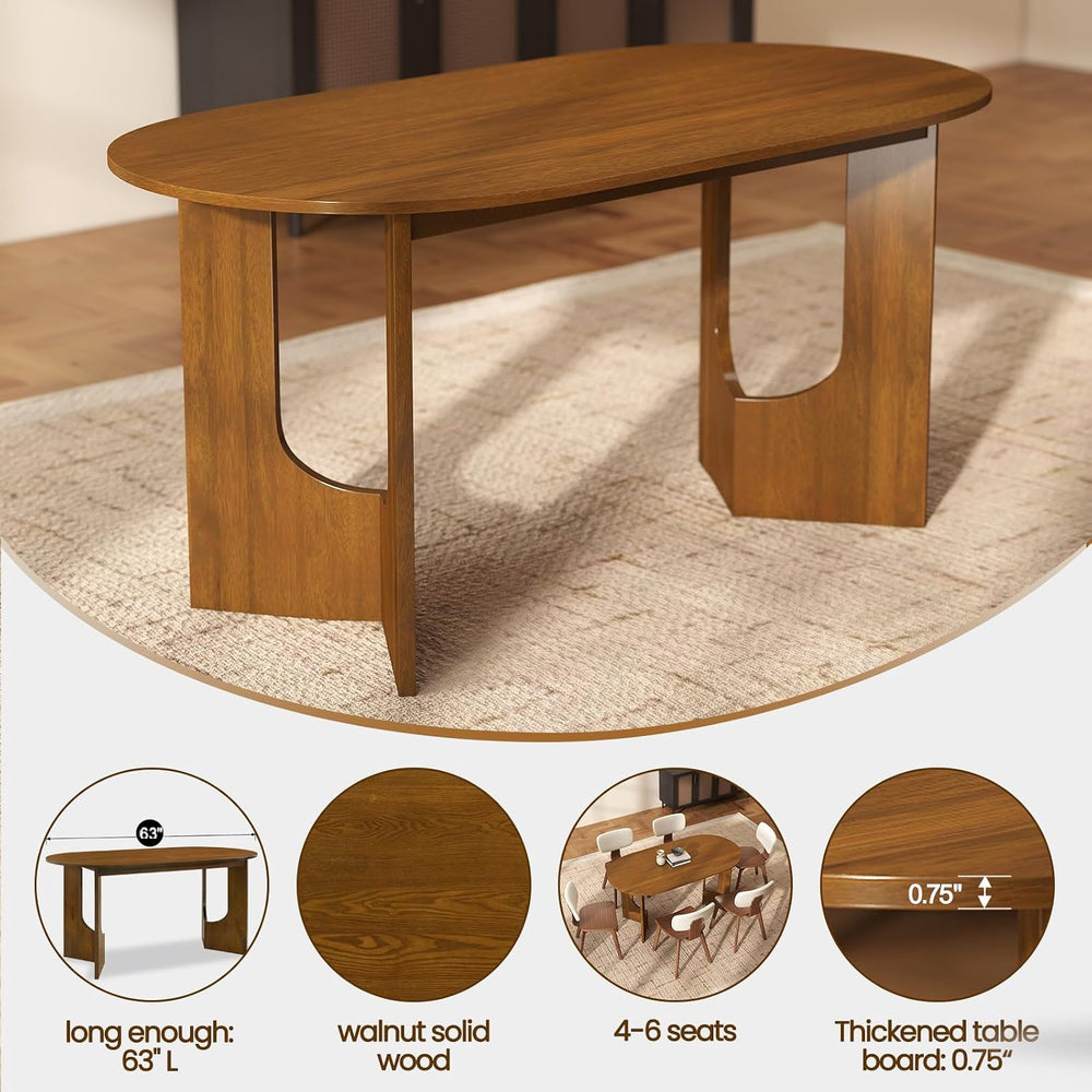 VESCASA 63" L Walnut Wood Oval Dining Table for 6, Solid Wood Kitchen Ta...