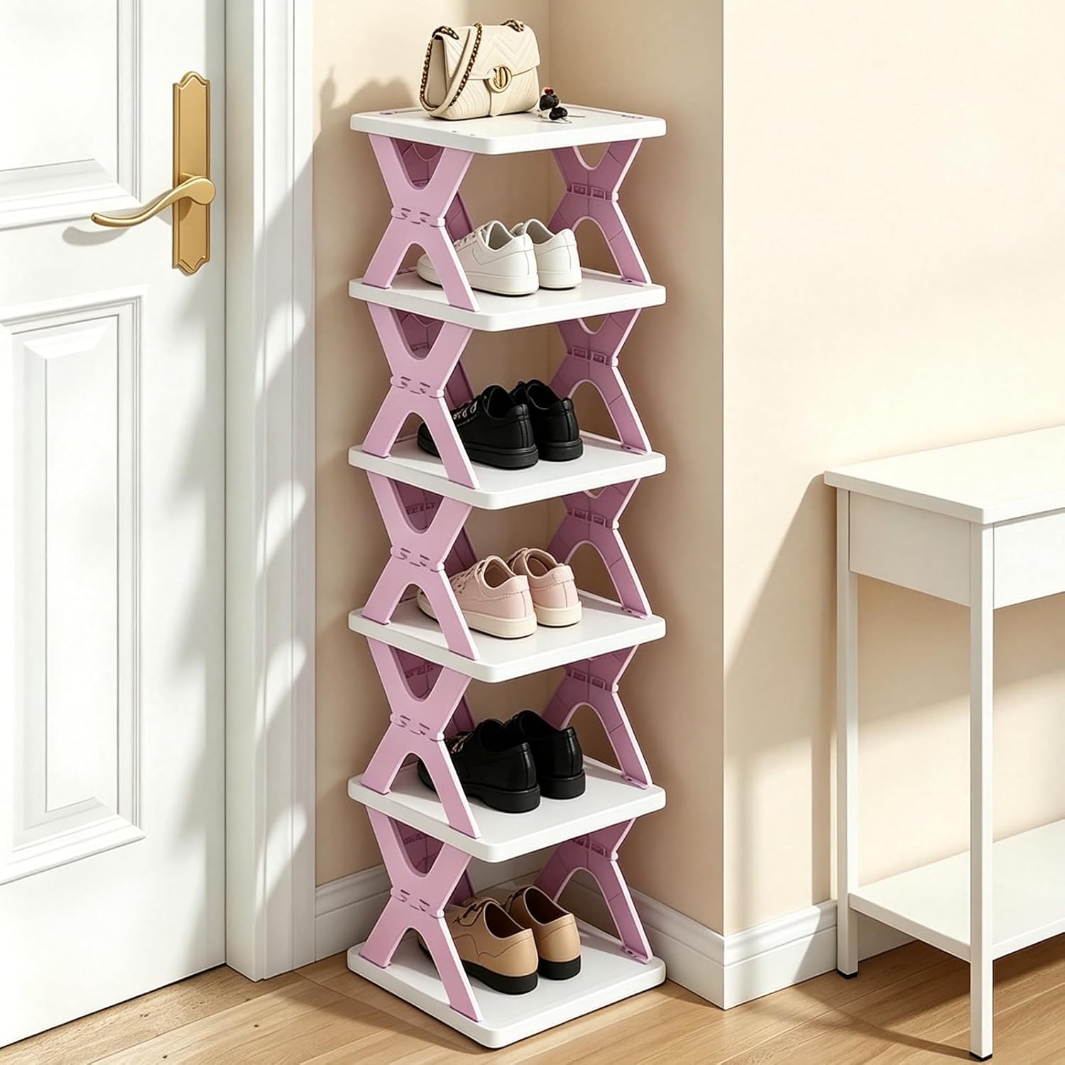 6 Tier Foldable Shoe Rack, Kid's Shoe Organizer, Pink | Vertical Shoe Storage for Front Door Entrance, Compact Shoe Shelf for Narrow Spaces