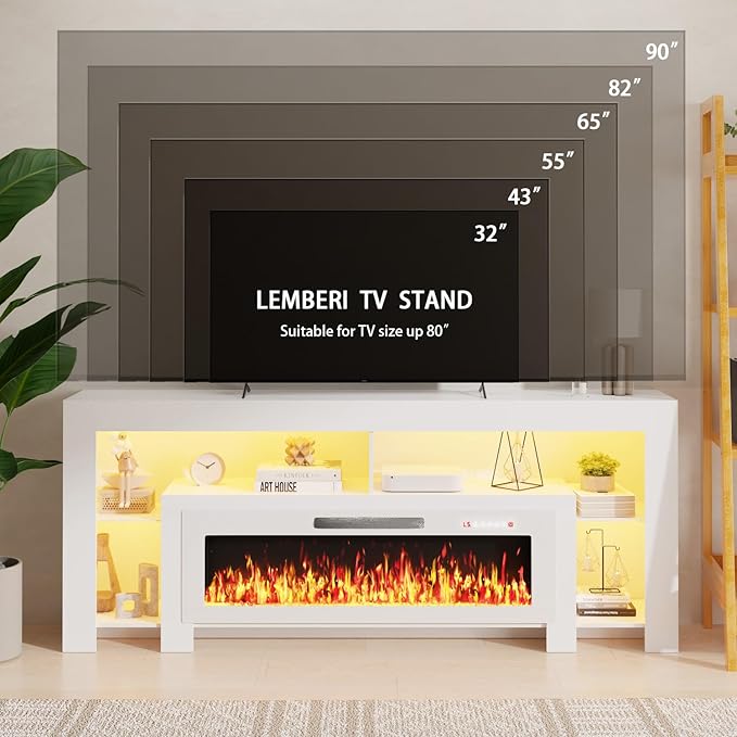 Lemberi 80 inch Fireplace tv Stand with 50 inch Fireplace Up to 90" TVs,LED Light Entertainment Center and Storage, Modern Wood Media TV Console for Living Room